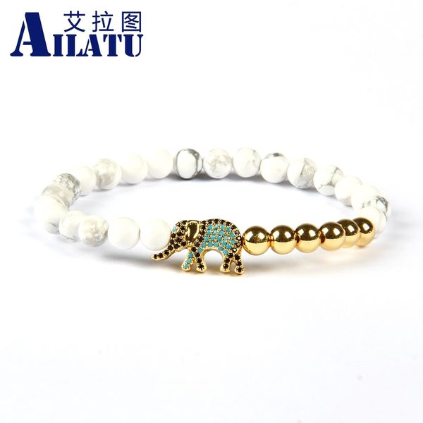

ailatu men jewelry wholesale 10pcs/lot 6mm natural white howlite stone with micro pave elephant lucky bracelet, Golden;silver