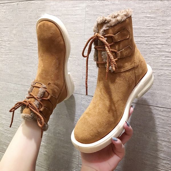 

women snow boots winter fur ankle boot female bowtie warmer plush suede rubber flat slip on fashion platform ladies shoes, Black