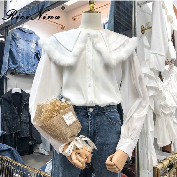 

ricinina white shirt women blouse long sleeve peter pan collor buttons christmas women shirts and blouses for ladies 2019