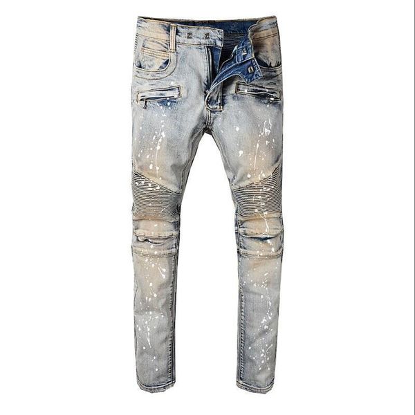 

men draped ripped skinny biker holes color washed jeans destroyed straight pants slim fit denim scratched overalls jean, Blue