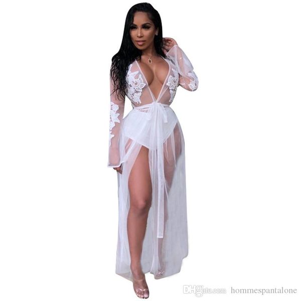 

цветочные печатные женщины cover ups сексуальные дамы глубокий v образным вырезом кружева купальники модный дизайнер вышивка одежда с поясам, White;black