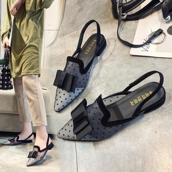 

women's fashion polka dot butterfly knot pointed toe shoes low heels sandals mesh lace women sandals fashion girls shoes, Black