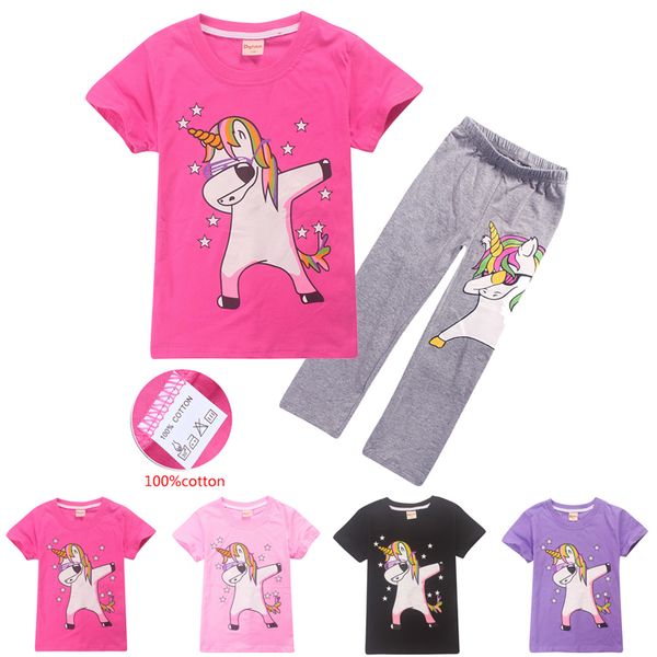 

unicorn kids clothing sets 100% cotton 4-12t kids girls boys cartoon printed t-shirt + trousers 2 piece sets kids designer clothes ss92, White