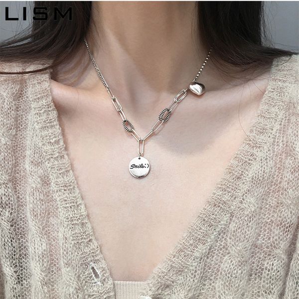 

lism 925 silver love heart round disc thai silver necklace smiling charm long necklace for women punk jewelry gifts