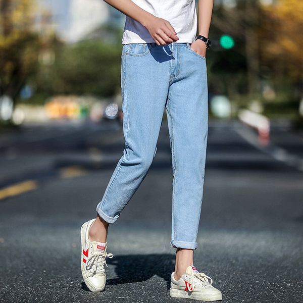 

stretch ankle-length denim jeans men skinny spring lightweight slim pleated vintage washed pencil pants male fashion, Blue