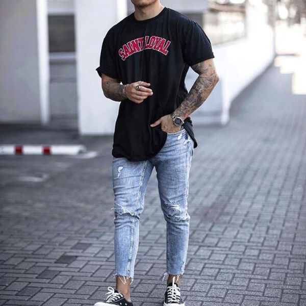 

mens jeans hole distressed summer new slim denim trousers european and american style asian size, Blue