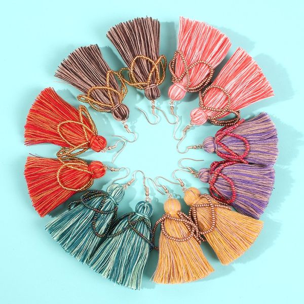 

bohemian tassel earrings for women beads earrings colorful cotton silk fringe long statement vintage ear jewelry e70151, Silver