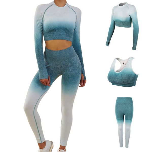 

women yoga set ombre seamless leggings gym pants sport bra fitness long sleeve crop workout clothes suit running sportswearcj11911112, Gray