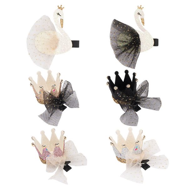 

hair accessories 12pc/lot glitter white/black mesh gauze swan clips three-dimensional crown barrette princess hairpins kids, Slivery;white