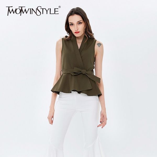 

twotwinstyle belt waistcoat for women sleeveless v neck high waist ruffles coats female spring 2019 fashion plus size clothing, Black;white