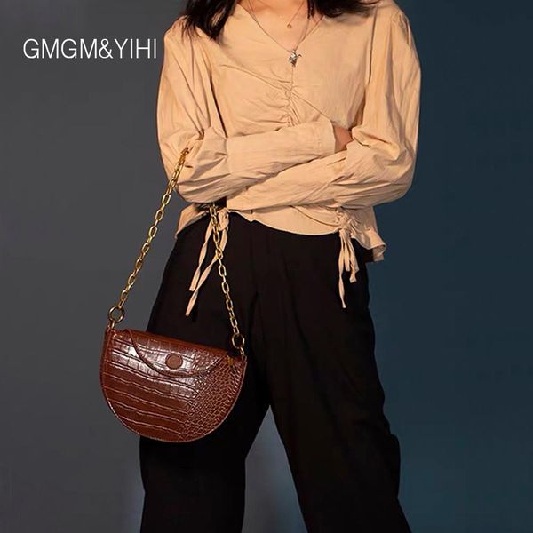

gmgm&yihi women animal print alligator leather saddle bag ladies fashion crossbody bags girl round handbag vintage half moon bag