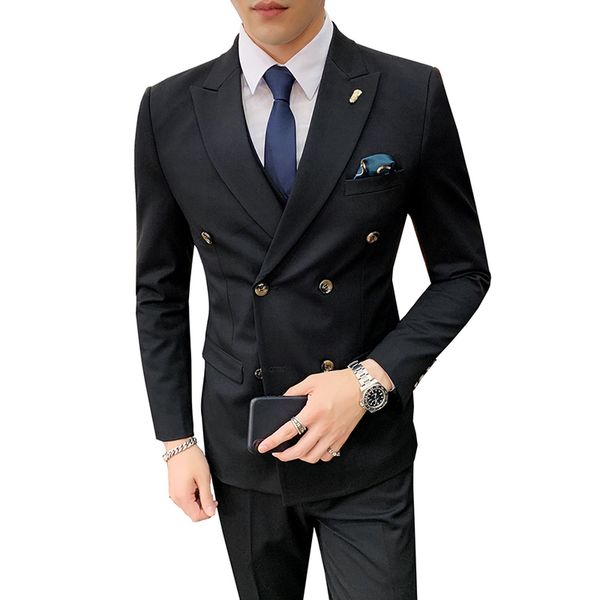 

double-breasted mens suits set slim fit 2019 business formal male gentleman wedding prom suits gentleman tuxedo 3 pieces set, White;black