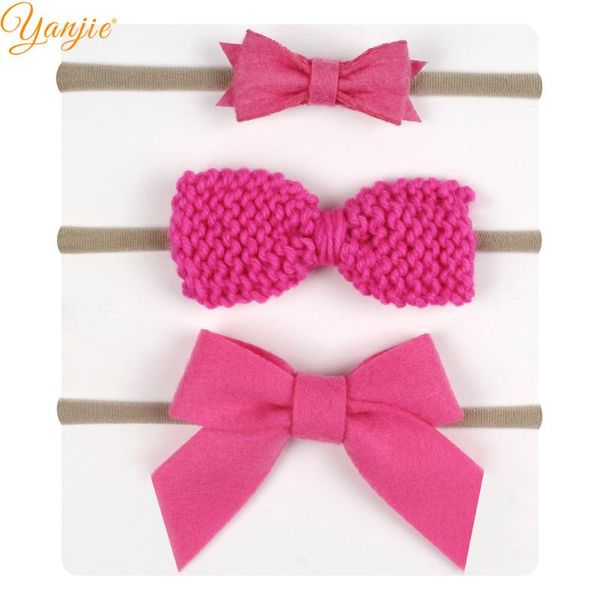 

3pc/set soft woolen yarn bow nylon headbands girls 2019 solid felt hair bow elastic nylon hairband for kids hair accessories, Slivery;white