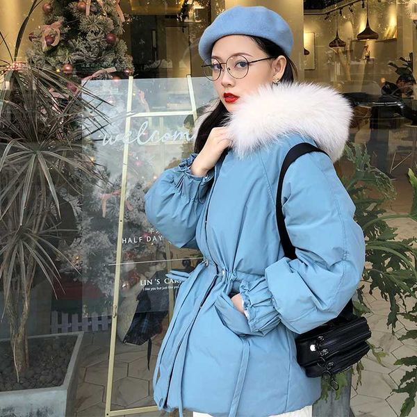 

2020 new oversize natural fur collar hooded short jacket coat winter warm 90% white duck down parka women loose down outwear, Black