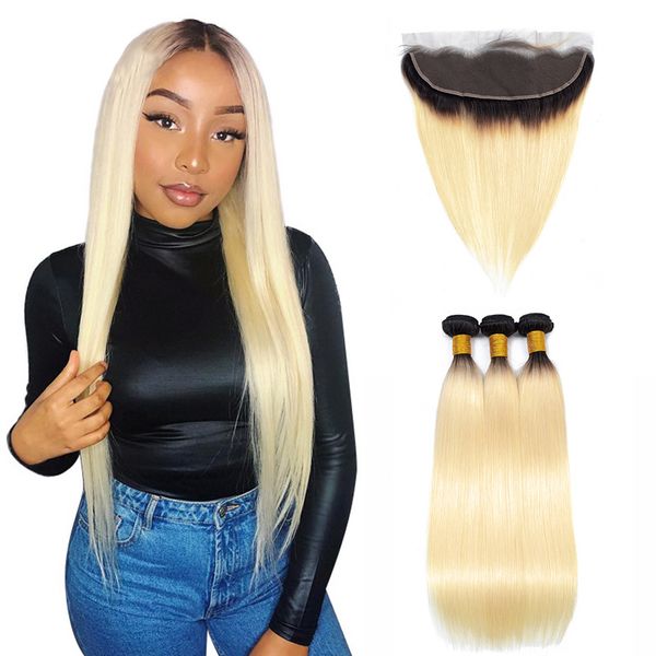 

1b/613 bundles with frontal straight peruvian hair bundles with front closure remy human hair 3 bundles with lace frontal, Black