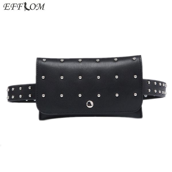 

steam punk women waist bag ultra-thin pu leather fanny pack black rivet money belt bag ladies phone waist packs