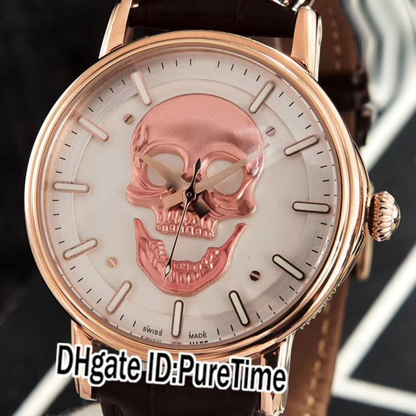 

new traditionnelle automatic mens watch rose gold white dial 3d gold skull dial brown leather strap watches 6 styles puretime e39a1, Slivery;brown