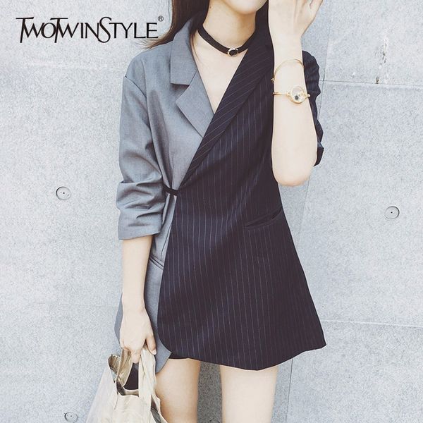 

twotwinstyle patchwork blazer for women striped lace up tunic long sleeve asymmetrical coat female summer fashion ol clothing, White;black