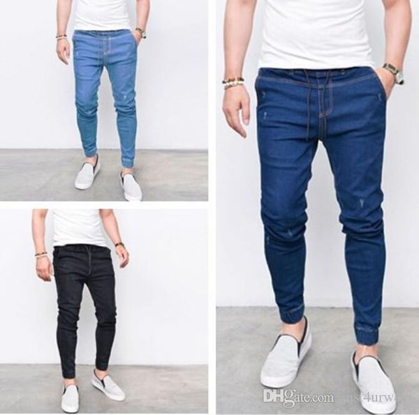 

mens jeans drawstring slim pencil pants mens streetwear full length pants biker jeans male fashion pants ing, Blue