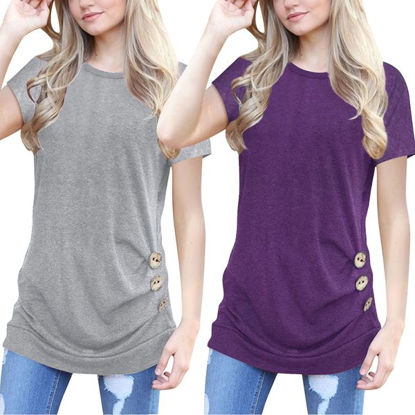 

new european and american blouse explosion models fashion t-shirt women's crossover button decoration short sleeve