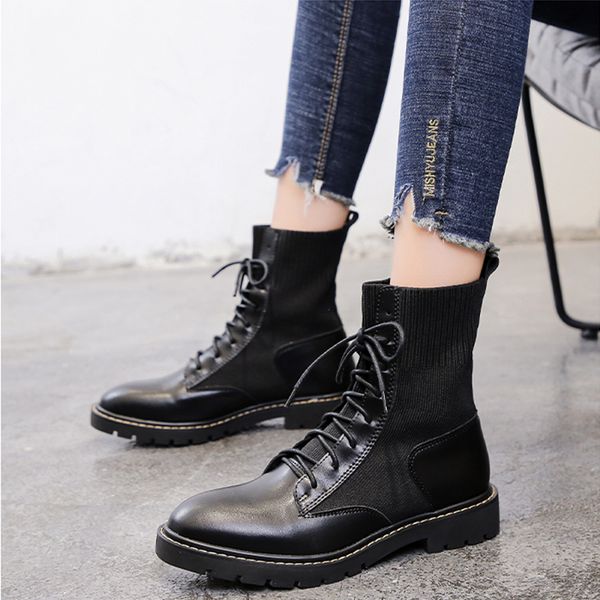 

boots stockings women's shoes autumn lace up booties ladies luxury designer round toe low heels booties bootee woman 2019 sock, Black