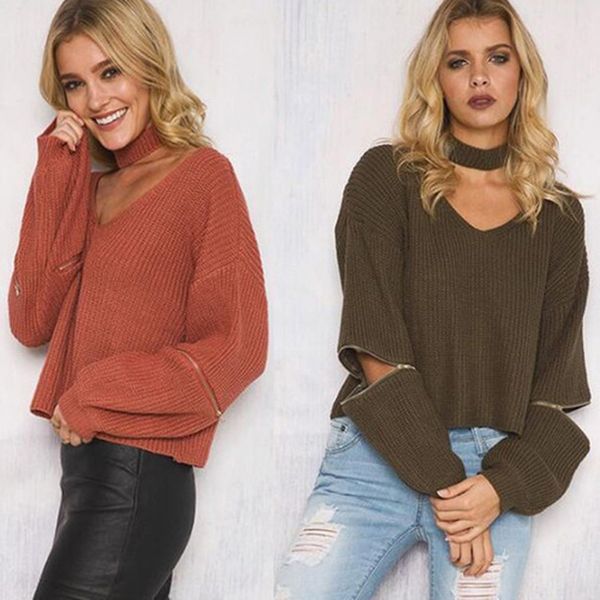 

womens designer neck v-neck sleeve zipper sweaterhfj8, Black;brown