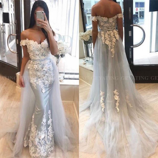 

2019 beautiful arabic mermaid dubai evening dresses with detachable skirt 3d floral appliques formal party gowns long prom dress 2019