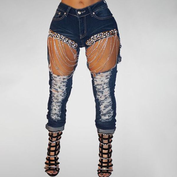 

ripped waist women's jeans burst women's hole chain fashion pants jeans men and women xl spring summer autumn 2019 new, Blue