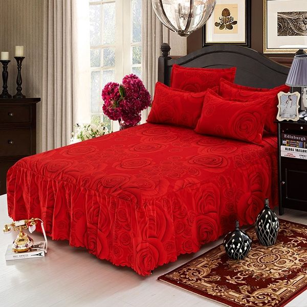 

rose red ruffled bed skirt brushed microfiber bedspread coverlet quilt cover with 2 pillowcases