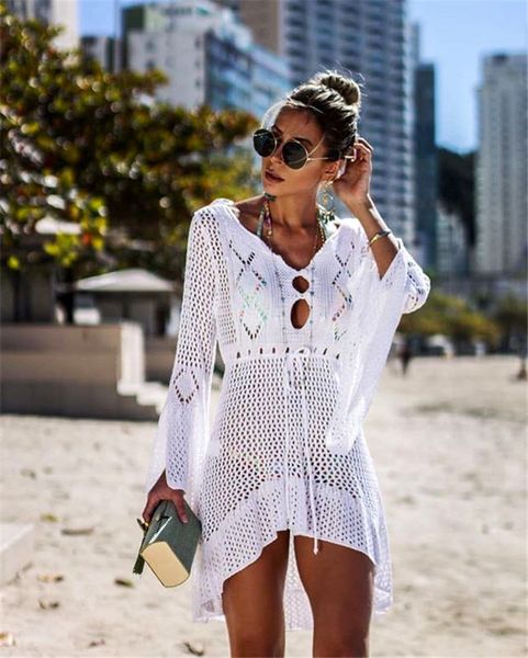 

womens designer summer beach smock trumpet sleeve fashion cutout knitting sun shirt ladys 2020 new arrive vacation outers, White;black