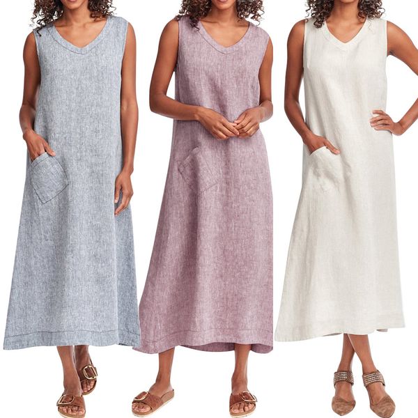 

summer bohemian dress fashion women solid v-neck sleeveless pocket cotton and linen long casual dress vestidos robe femme @4, Black;gray