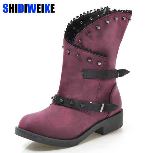 

2019 new rivets ankle boots for women buckle vintage buckle round toe leather shoes square heels ladies shoes women g574, Black