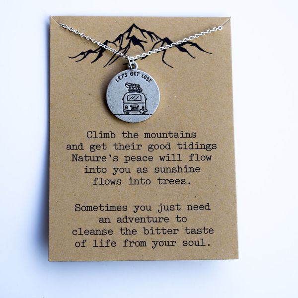

1pcs let's get lost necklace adventure inspirational travel lover with card, Silver