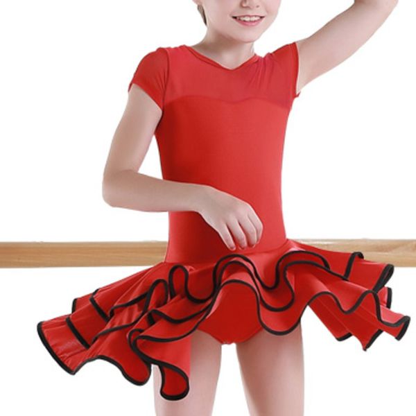 

ruffle ballroom latin dance dress girls kids competition children salsa tango rumba samba for performance dancing practice skirt, Black;red