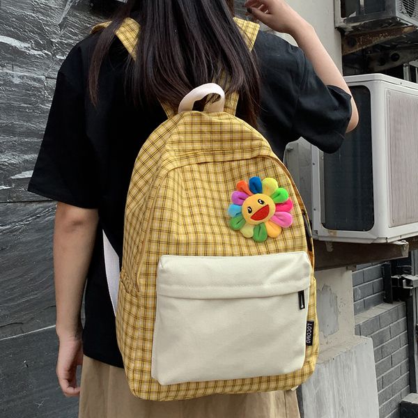 

plaid canvas women backpack teenage girl cute backpack kawaii student applique lady book school bag fashion book bag sun rainbow