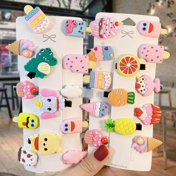

10pcs/set new girls cute cartoon ice cream fruits hairpins for children hair clip sweet barrettes headwear hair accessories, Slivery;white