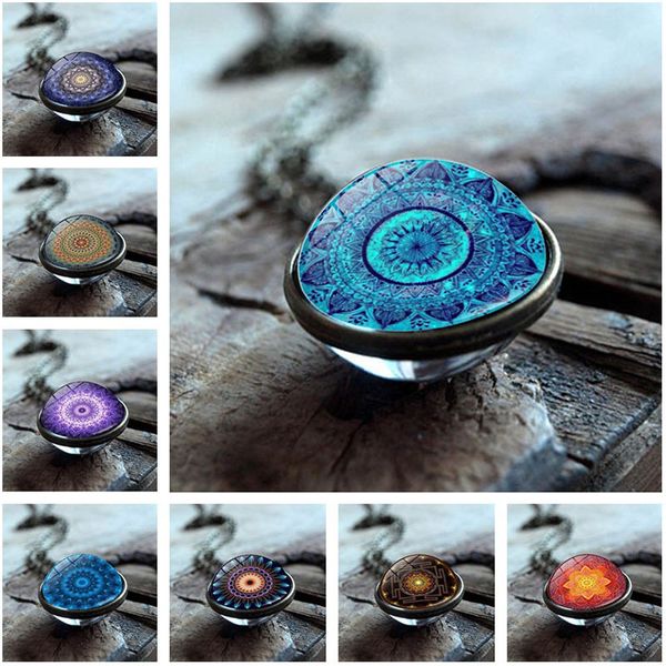 

buddhism jewelry with glass cabochon mandala flower pattern double side glass ball yoga pendant long necklace for women gift, Silver