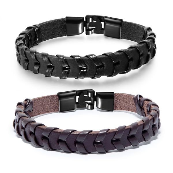 

pu leather bracelets for men stainless steel knit punk hand chain mens jewelry for boys gifts, Golden;silver