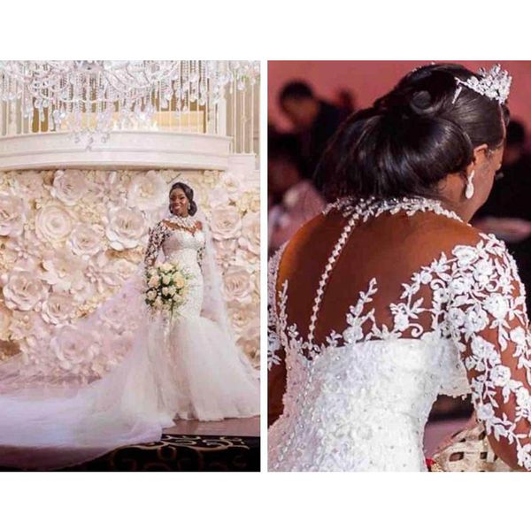 

sheer lace appliques long sleeves mermaid wedding dresses beading custom made bridal gowns formal plus size vestidos de marrage, White