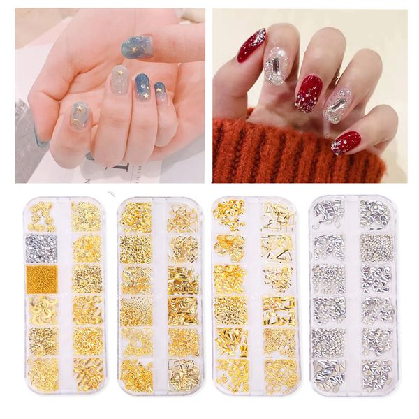 

12 grids gold charm metal rivet studs 3d diy nail gems star moon manicure tips decor nail art decoration accessories, Silver;gold