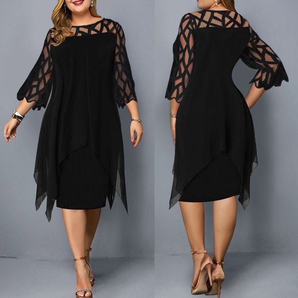 

dresses openwork perspective mesh chiffon double-layer large size dress hollow out o-neck casual dress woman stylish vestidos, Black;gray