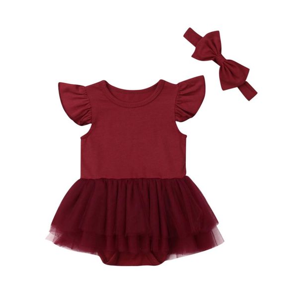

0-24m newborn infant ruffle bodysuit baby girl clothes tutu lace dress summer kids girls outfit with bowknot headband, Red;yellow