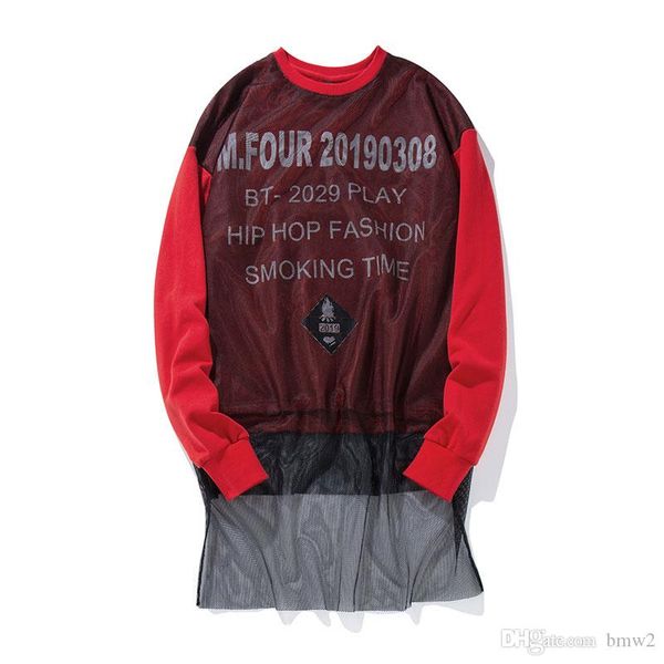 

mesh patchwork color block printed pullover hoodies extended sweatshirts 2017 autumn hip hop casual male streetwear, Black