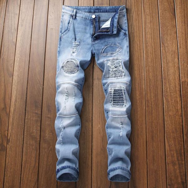 

men hole denim jeans bleached ripped spliced retro washed pleated biker male jeans denim fashion vintage straight tide, Blue