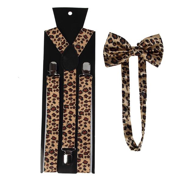 

men women suspender bow tie set 2.5cm wide animal leopard print adjustable 3 clip-on y-back elastic belt braces bowtie, Black;white