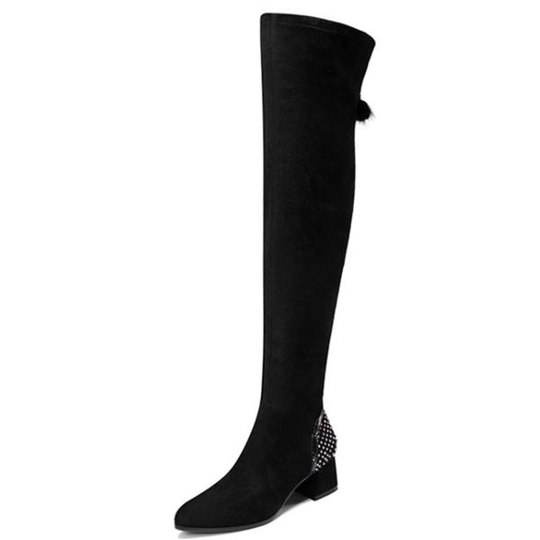 

crystal knee high boots women black fashion concise square heel high heels boots women pointed toe party winter sexy