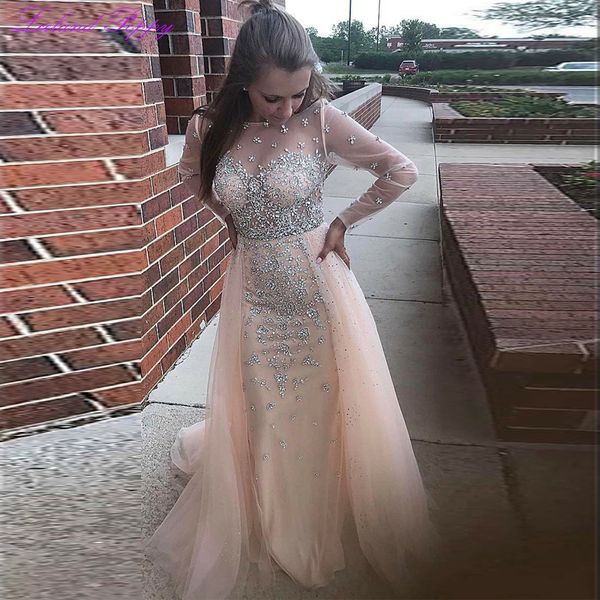 

luxury women's crystal beaded scoop neck mermaid evening dresses long sleeves floor length illusion shiny formal evening gowns, White;black