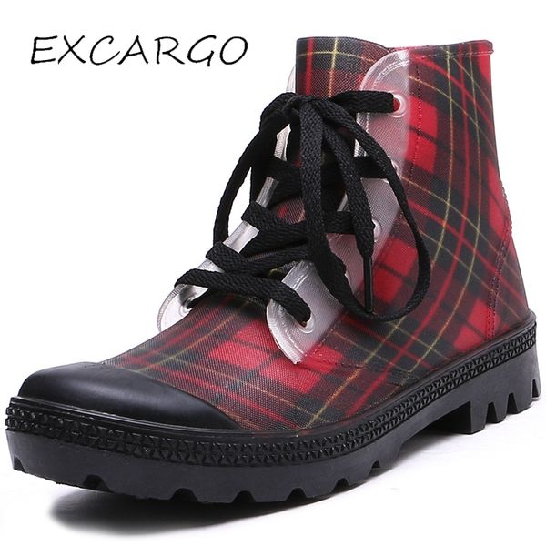 

excargo 43 big size woman rain boots short tub 2018 autumn new waterproof plaid female fashion shoes rubber rainboots, Black