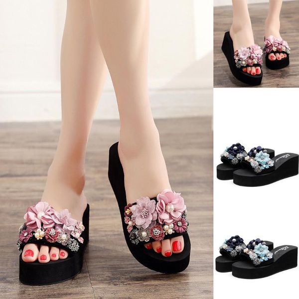 

wedges floral platform sandals open toe women shoes girls floral wedges bohemian style sandals slippers beach shoes 2019, Black