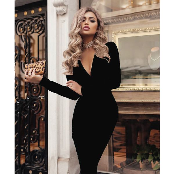 

2019 plus size women bandage bodycon dress office lady ol clothes summer long sleeve v neck party cocktail short dress, Black;gray